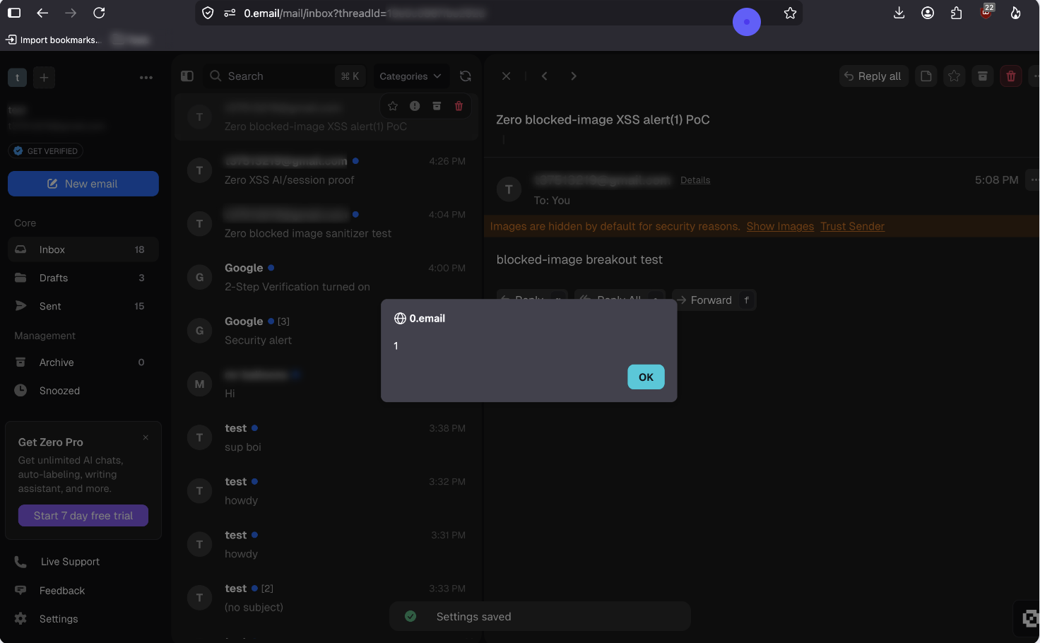 Proof of concept showing JavaScript executing after opening the crafted email in Zero with external images blocked.